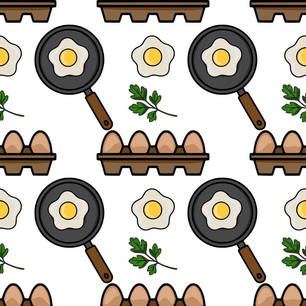 Seamless pattern featuring fried eggs in a pan, eggs in a carton, and parsley sprigs, creating a cheerful and appetizing kitchen themed design. vector