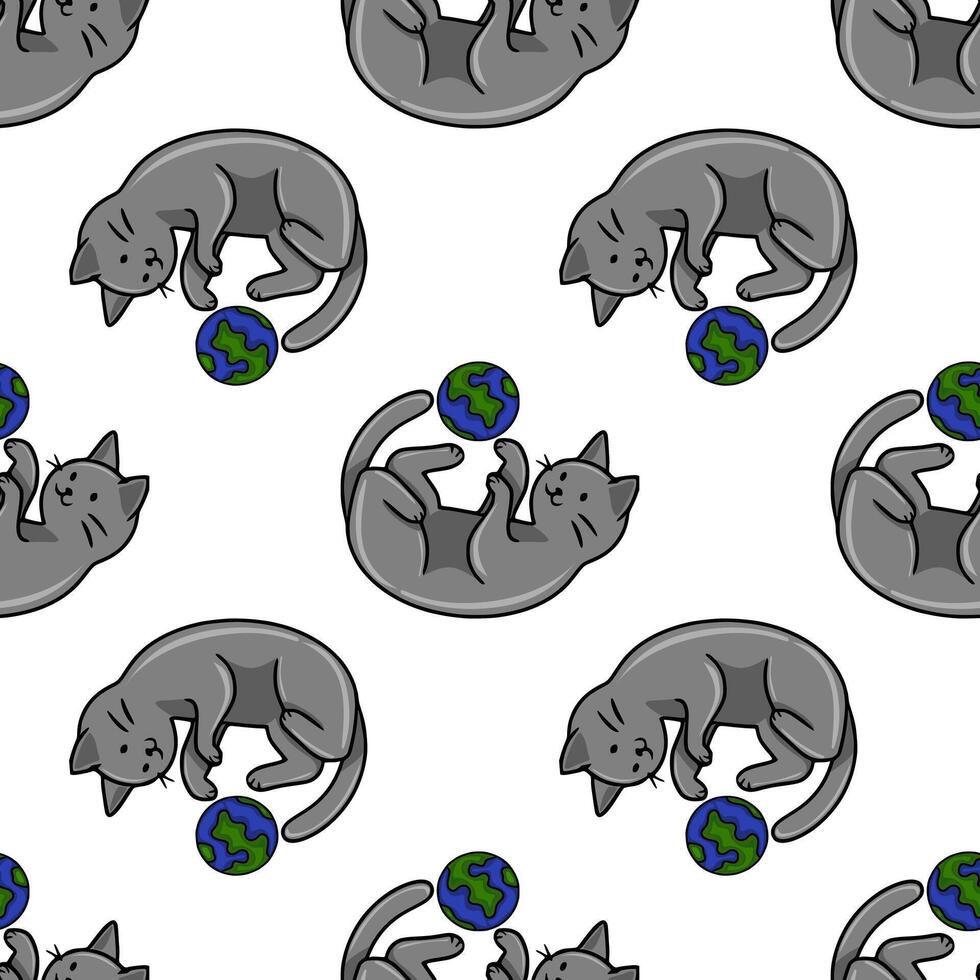 Seamless pattern featuring playful grey cats playfully interacting with miniature Earth globes, creating a charming and whimsical design ideal for various applications. vector