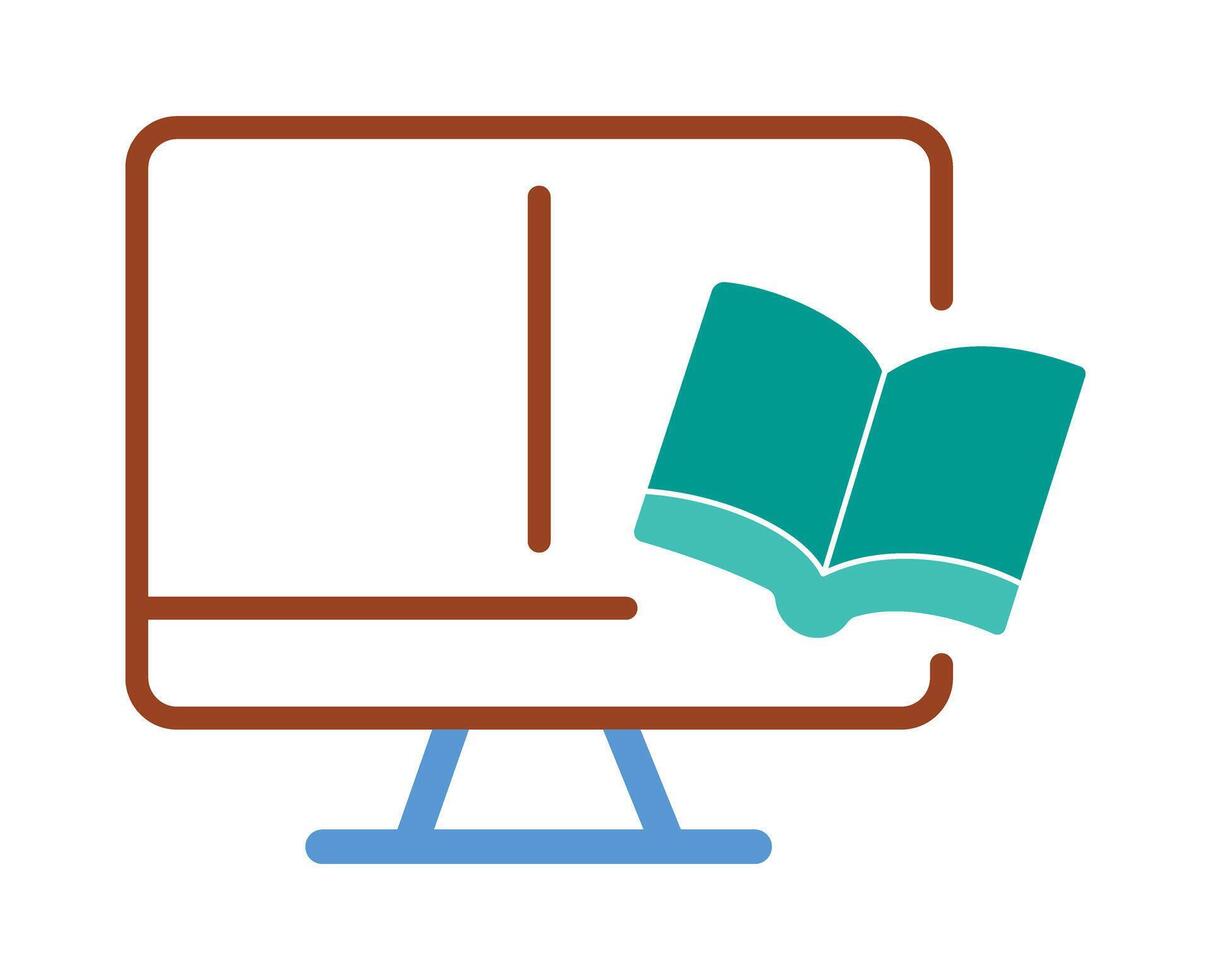 Online education and e-learning icon. A colorful flat design of a book and computer monitor for a digital library or online courses. vector