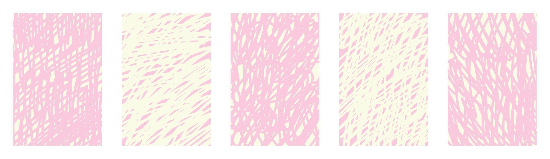 Soft pastel hand drawn scribble textures set, childish playful design, abstract gentle line patterns, creamy pale backgrounds with pink random curves, transparent artwork, light minimal vector