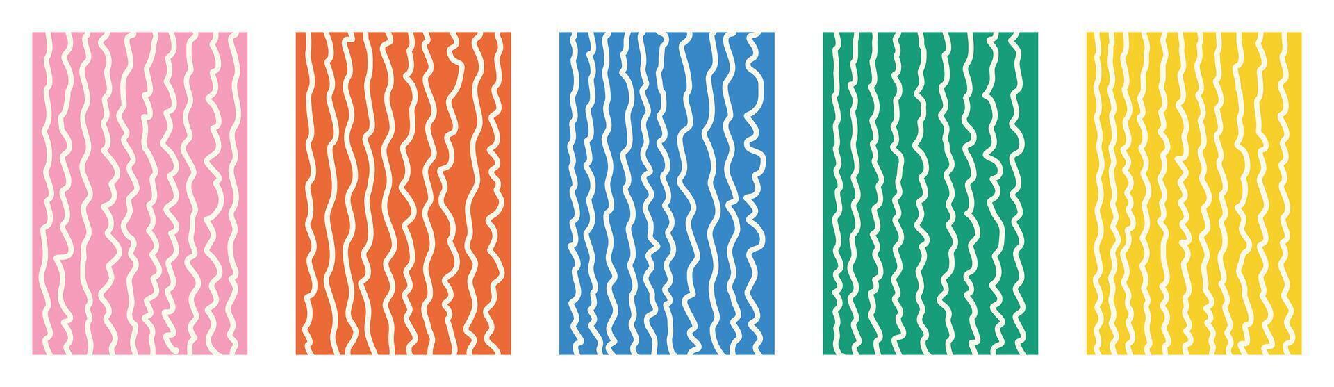 kids doodle colorful wavy line backgrounds set. Hand drawn squiggly curved maze shapes. Abstract child art style. Funky groovy vibrant vertical stripes. Playful warped fluid patterns design. vector