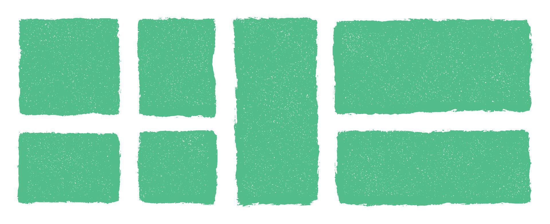 Grunge green textured rectangles squares with rough edges on transparent background. Crayon drawn frames for text, abstract geometric shapes, speech bubbles, hand drawn sketchy design elements vector