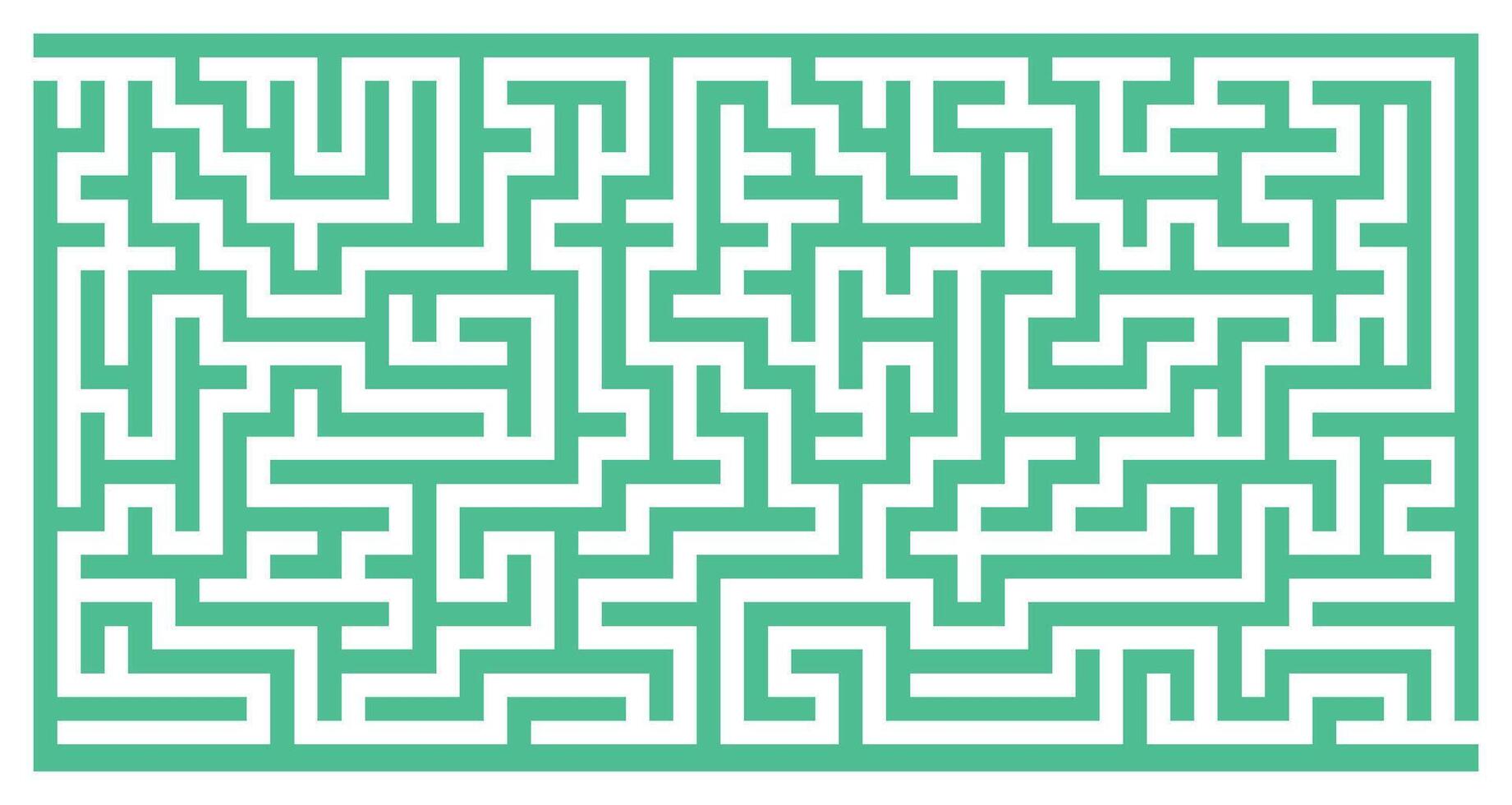 Green horizontal maze with rounded paths. Complex puzzle labyrinth full of twists, turns, confusion, entrance, exit, brain teaser challenge on transparent background for abstract logic design vector
