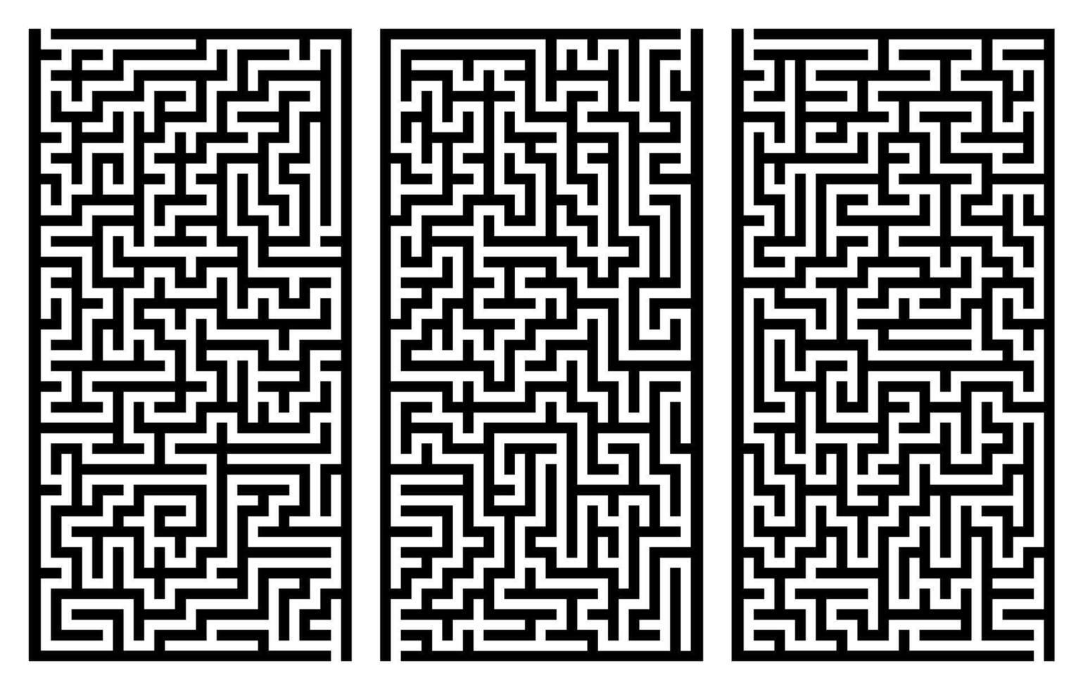 Set of three vertical maze puzzles in black white style, intricate labyrinth collection with complex path structure, logic challenge design for problem solving, mental game, puzzle concept vector