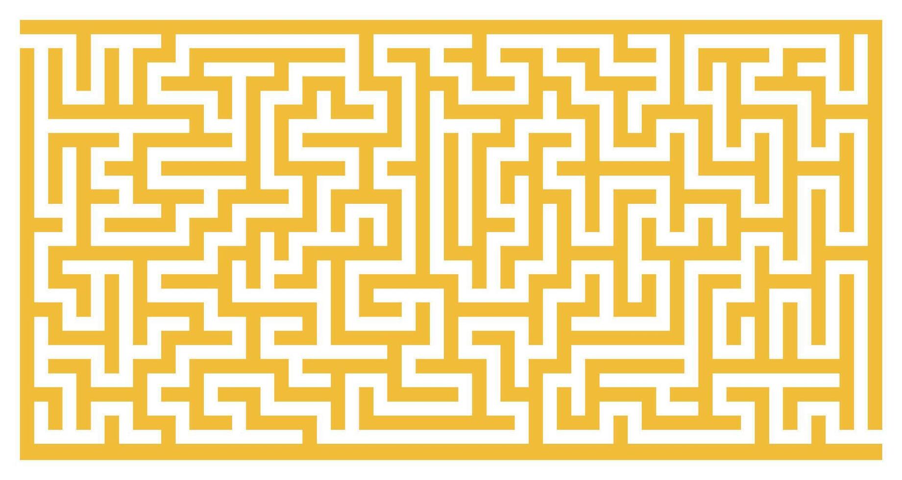 Horizontal yellow maze with thick lines and transparent background. Complex abstract puzzle labyrinth design full of twists, turns, logic paths, challenging brain teaser for game background vector