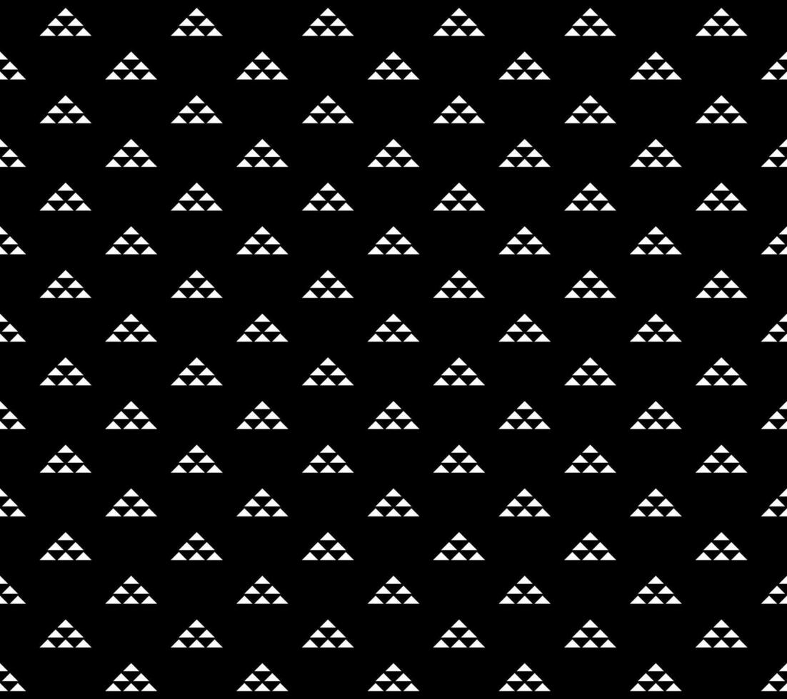 Seamless pattern with geometric triangles arranged pyramid style abstract white shapes on black background modern minimal repeating optical texture symmetric decorative digital surface design vector