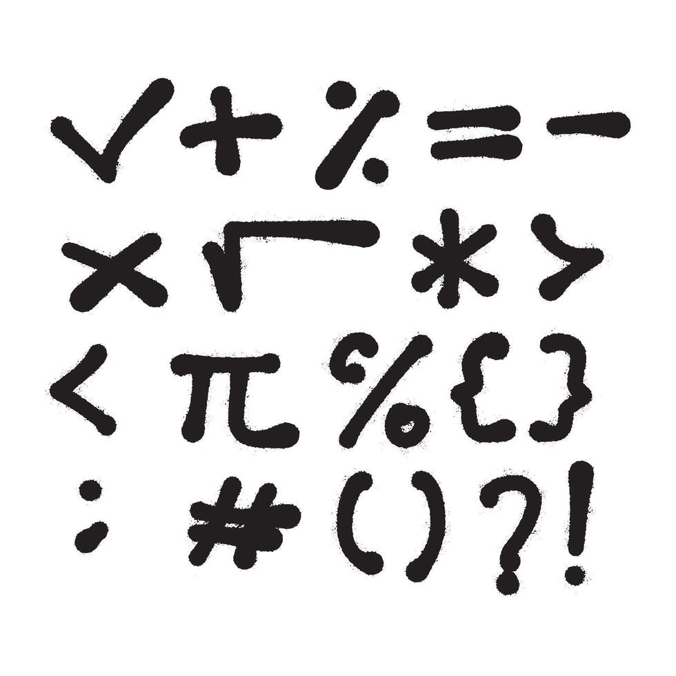 A collection of mathematical symbols and punctuation marks, presented in a bold, hand-drawn style. vector
