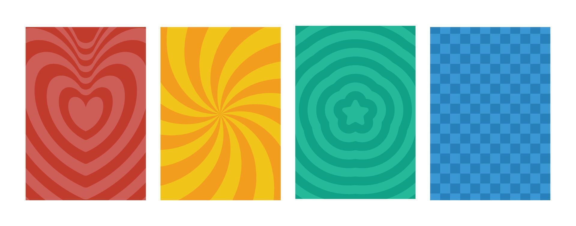 Groovy hippie 70s backgrounds set. Checkerboard, chessboard, mesh, waves, swirl, twirl pattern with heart, daisy flower. Twisted and distorted texture in trendy retro psychedelic style. vector