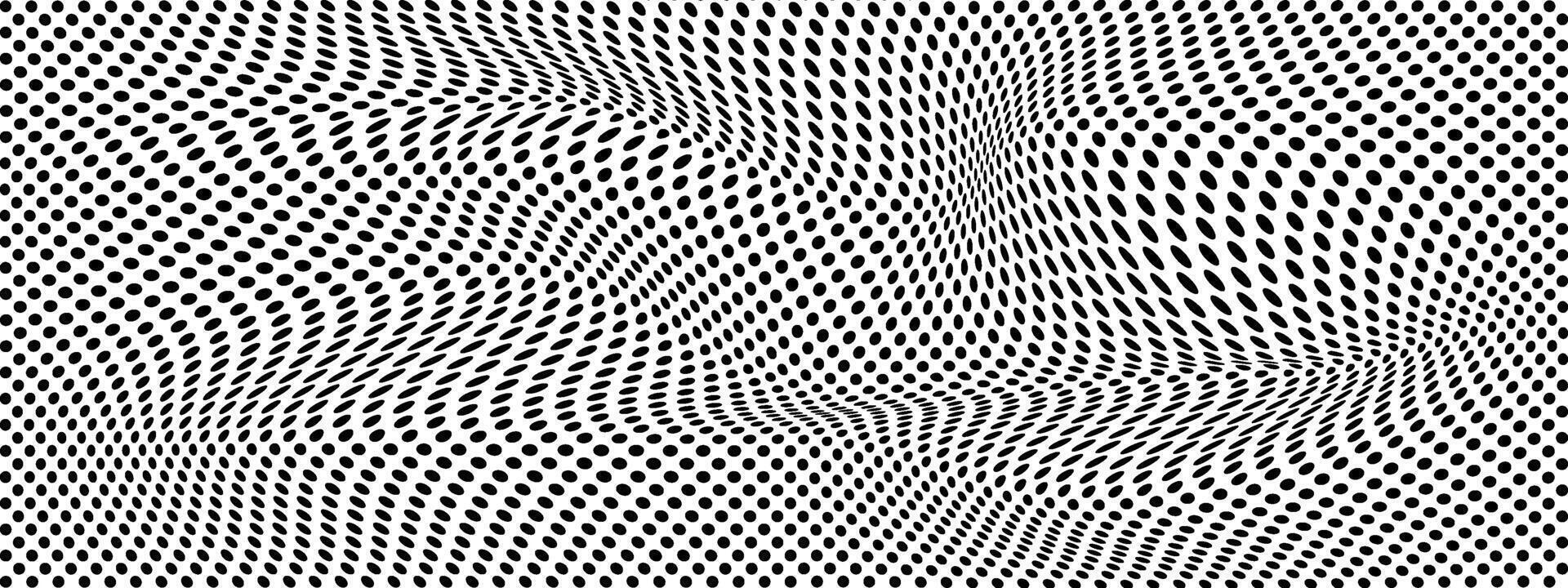 Abstract Halftone Pattern with Wavy Polka Dot Degradation and Optical Illusion Effect in Black and White Style. Background vector