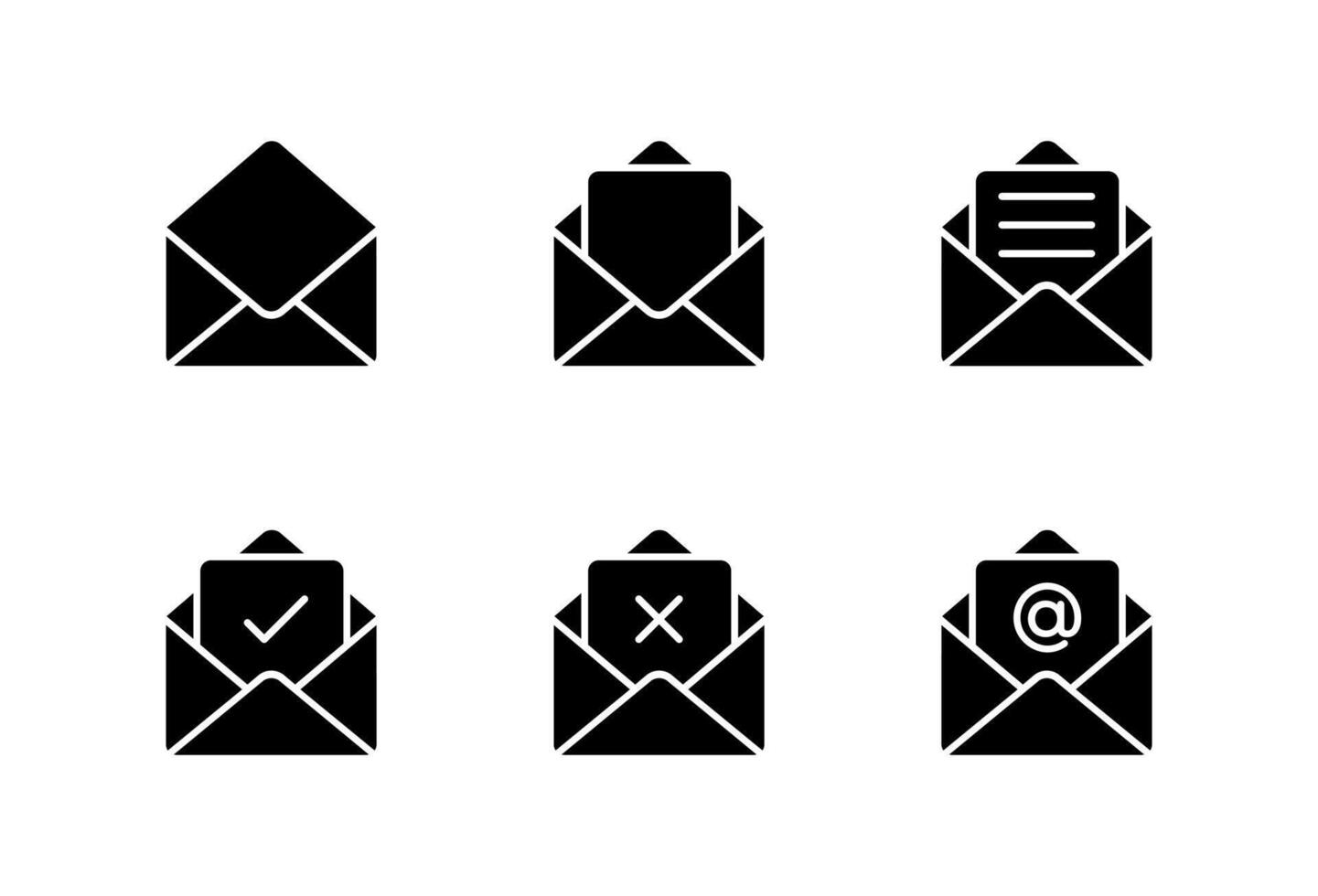 Open email envelope icon set. Message symbol with check, cross, text, and mention sign vector
