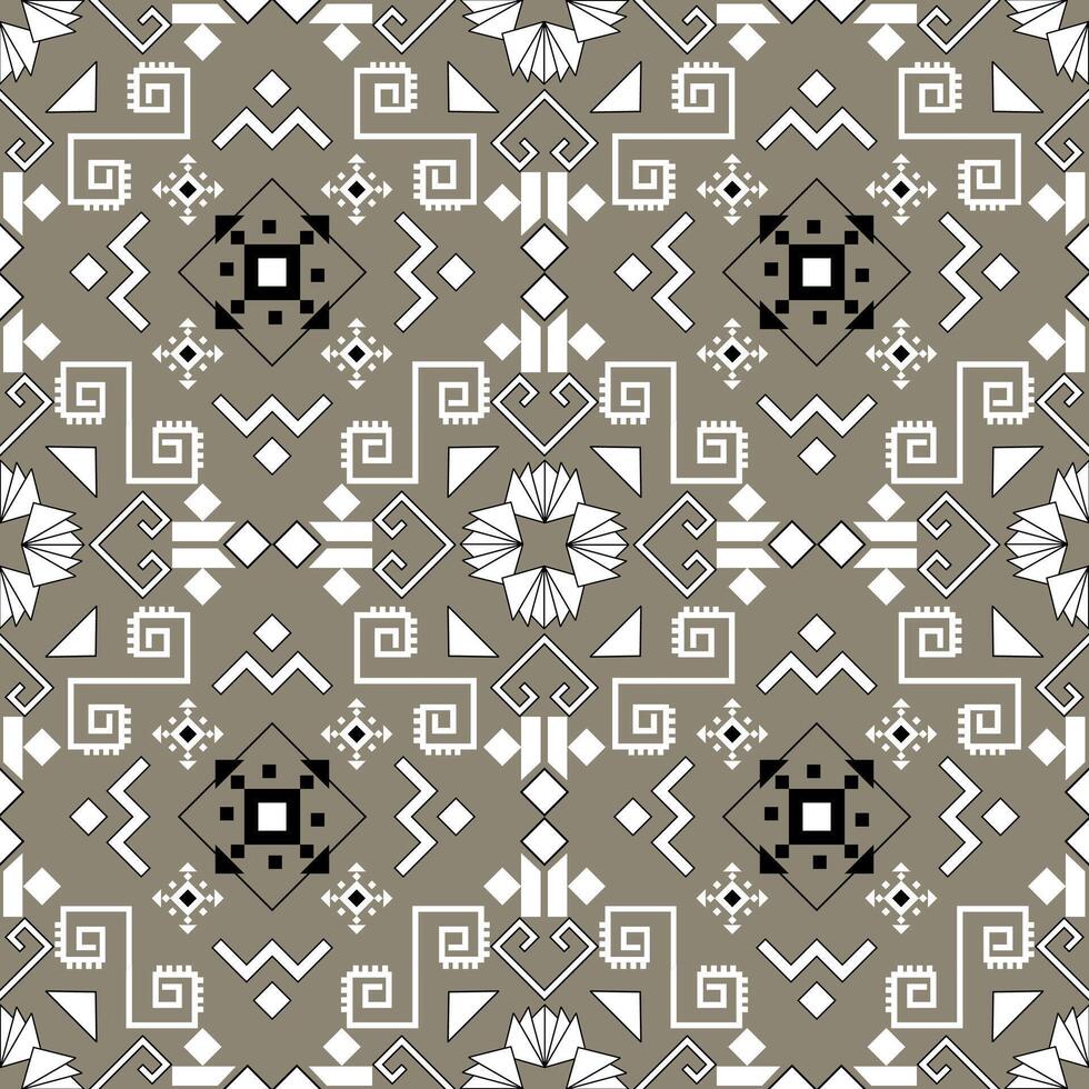 Tribal inspired symmetry in soft taupe and white tones. Inspiration from indigenous motifs and ancient craft patterns, ideal for ethnic-themed fabrics, boho home decor, and digital applications. vector