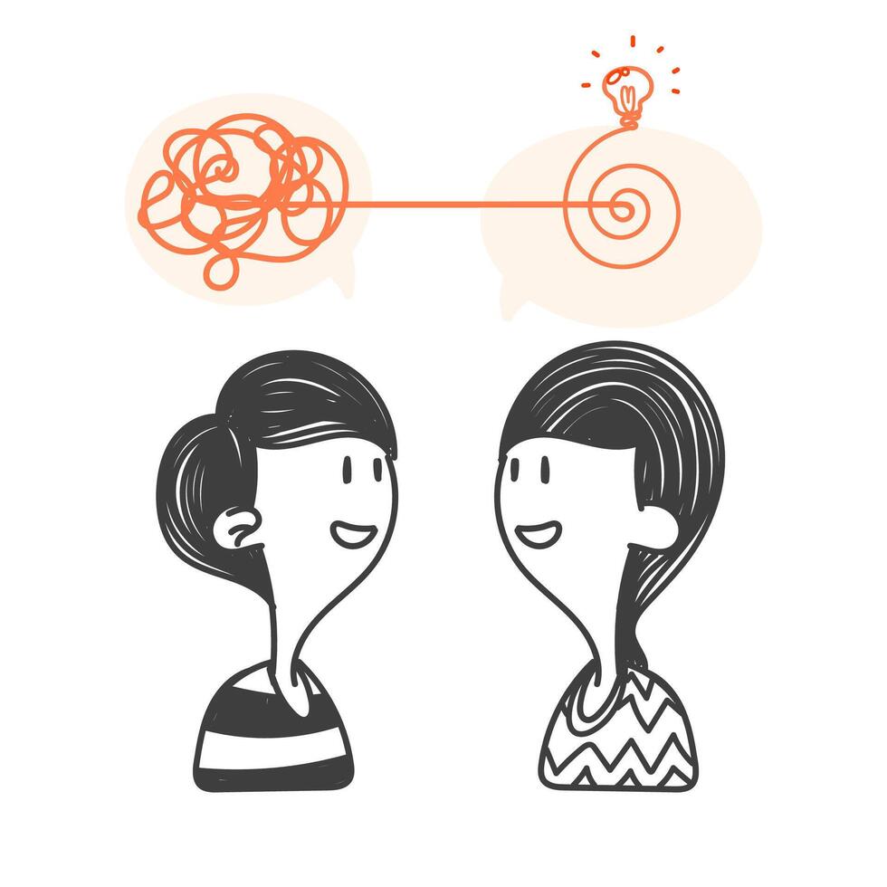 two people talking about a brain idea simplifying complex illustration vector