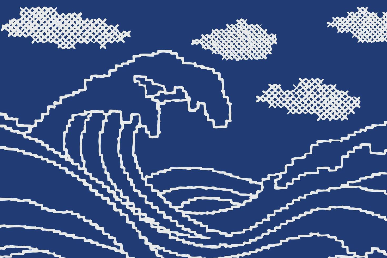 Hand drawn brush lines abstract waves and clouds pattern in white and blue. Japanese and pixel art inspired graphic with wood carving and block print texture background for textile, decoration vector