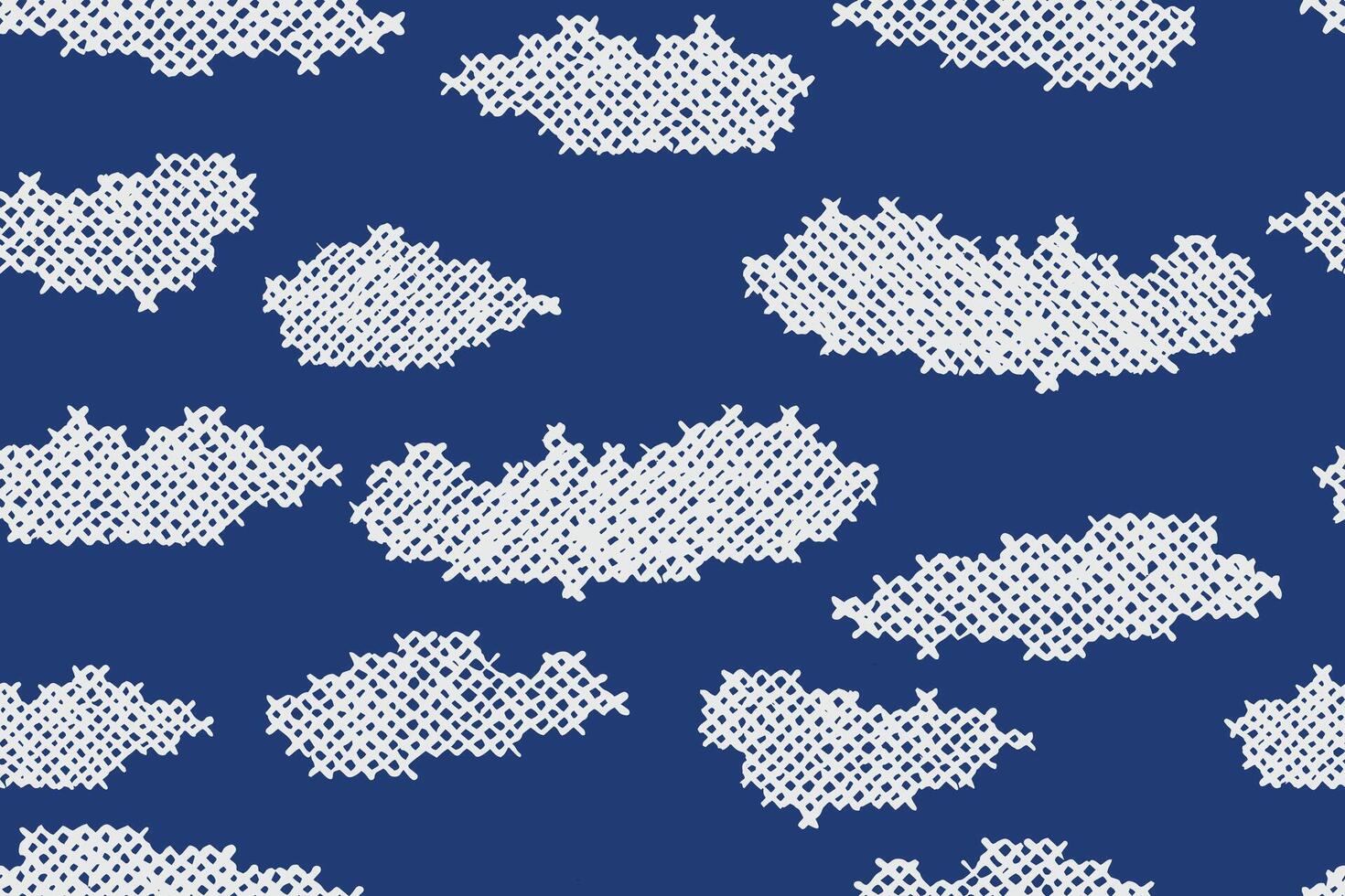 Hand drawn brush lines abstract seamless clouds pattern in white and blue. Japanese and pixel art inspired graphic with wood carving and block print texture background for textile, decoration vector