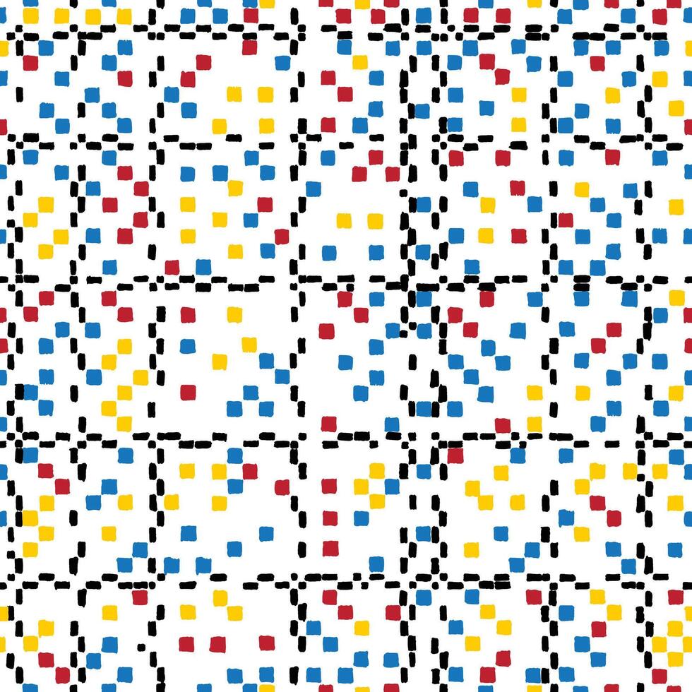 Seamless pop art inspired abstract pattern with playful hand drawn dots and dashed lines in bold red, yellow, blue, and black. Perfect for fabric, prints, and decor. vector