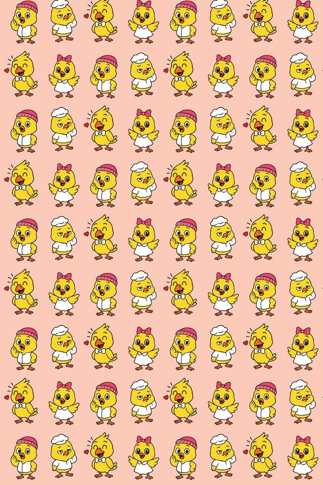 Chick characters showing different emotions pattern background, vector