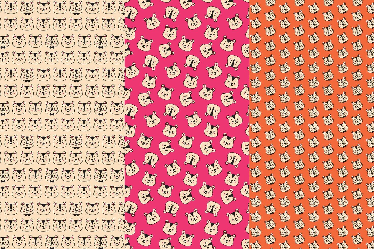 Hamster face pattern set different expressions happy sad angry with glasses vector