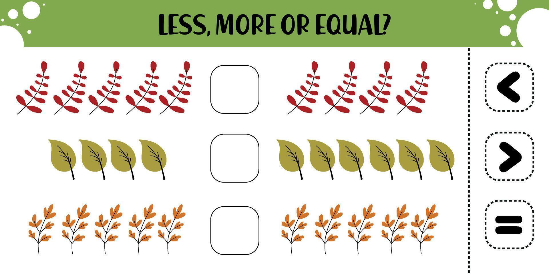 Preschool math worksheet with red, green, and orange leaves for comparing quantities using less than, greater than, and equal symbols in a seasonal autumn activity vector