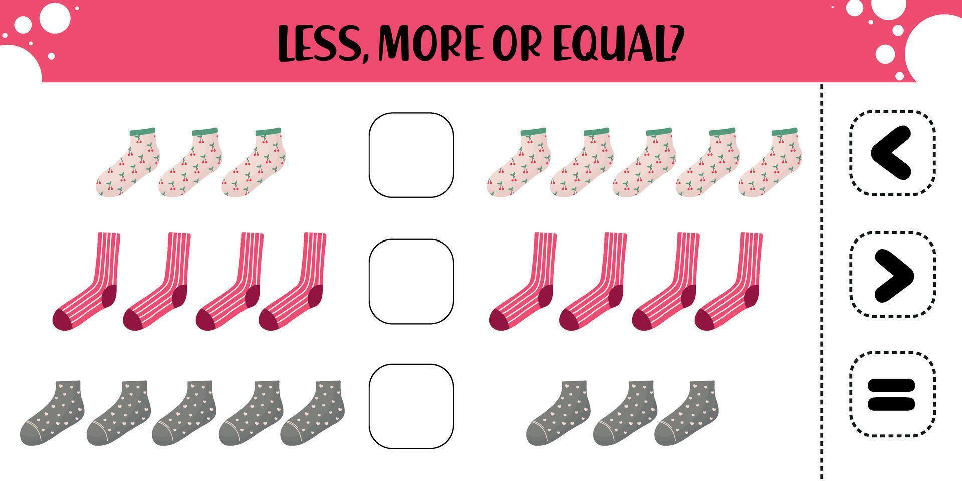 Preschool math worksheet with cherry, striped, and heart socks for comparing quantities using less than, greater than, or equal to symbols in a fun clothing-themed activity vector