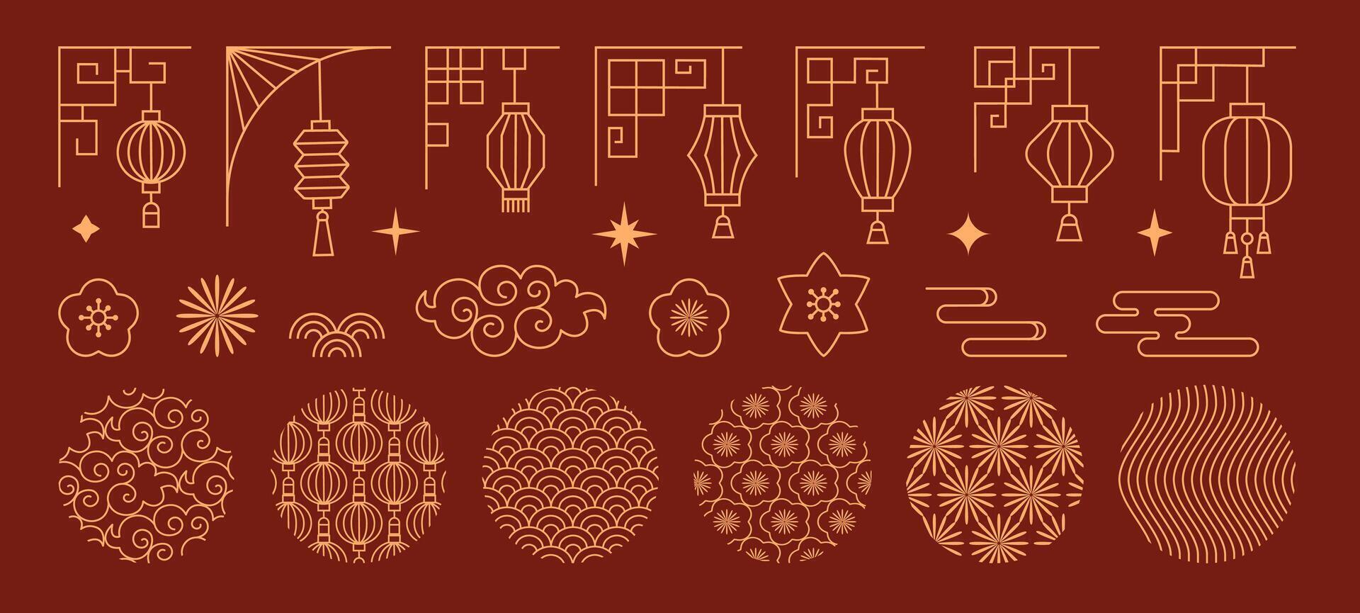 A set of Chinese New Year decorative elements in a gold line art style. Includes lanterns, clouds, flowers, and traditional Asian patterns for festive design. vector