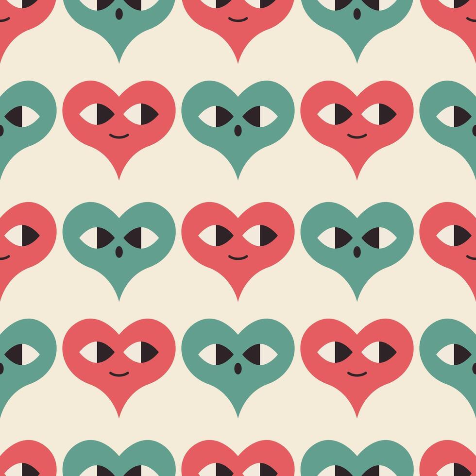 Colorful Heart Face Pattern with Playful Expressions. Red and green hearts alternate, each with unique eyes, creating a whimsical design. vector