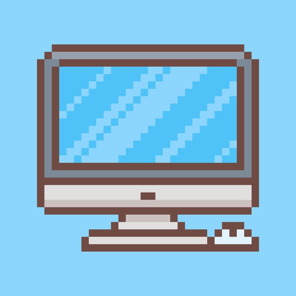A clean and modern pixel art illustration of an all-in-one desktop computer and mouse. Ideal for any project combining modern computing with a nostalgic feel vector