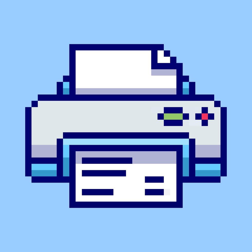 Classic office printer icon designed in a clean, retro pixel art style. This 8-bit illustration of a desktop machine with paper is a perfect symbol for printing, documents, and office work vector
