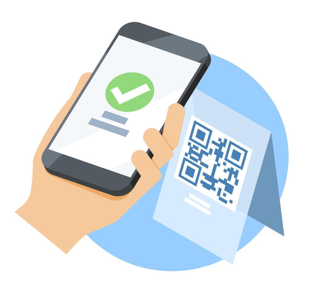 Hand holding smartphone with e wallets scan showing successful payment confirmation after reading QR code for secure digital transaction cartoon vector