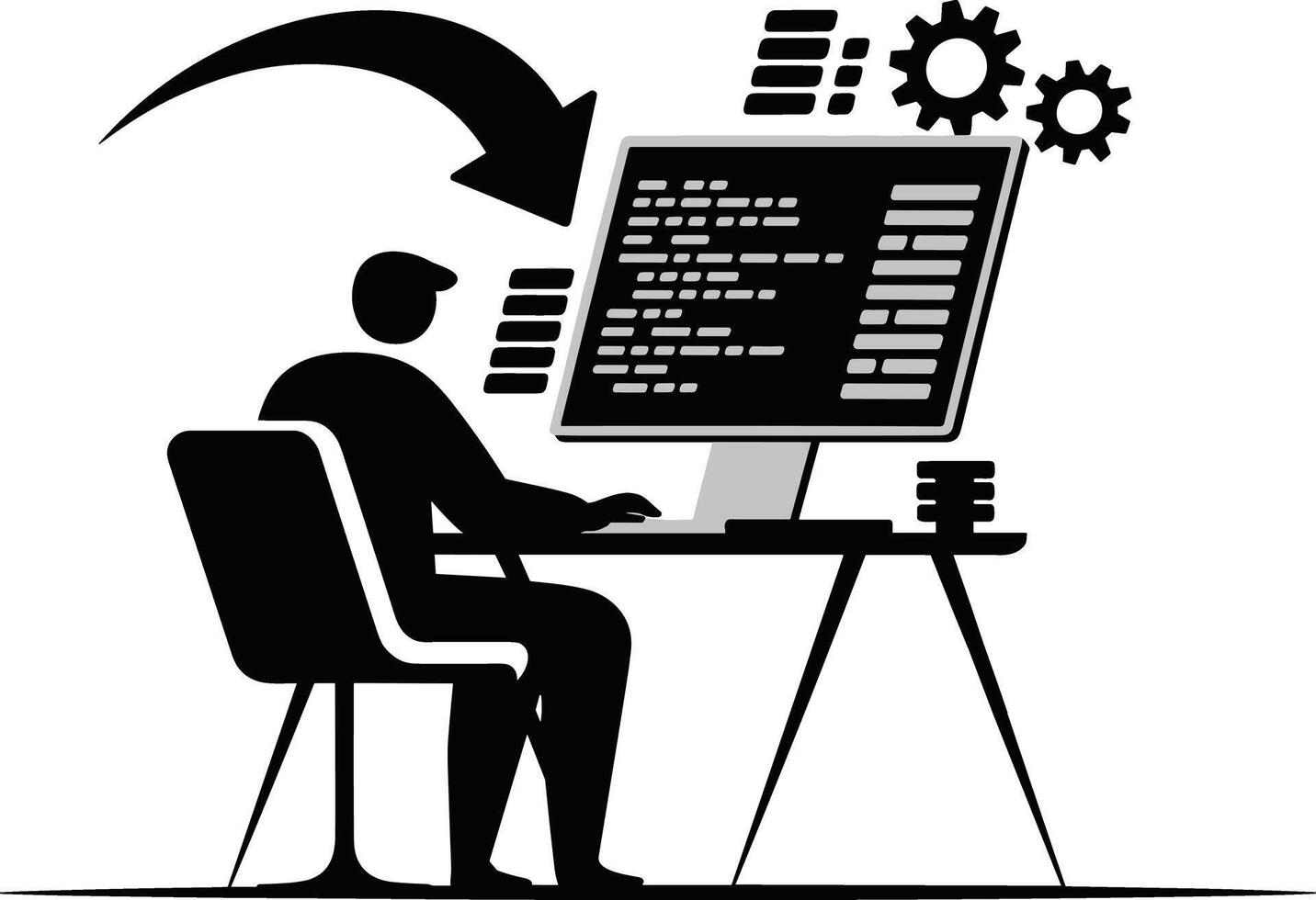 programador trabajando en computadora con código en pantalla y engranajes simbolizando desarrollo proceso vector