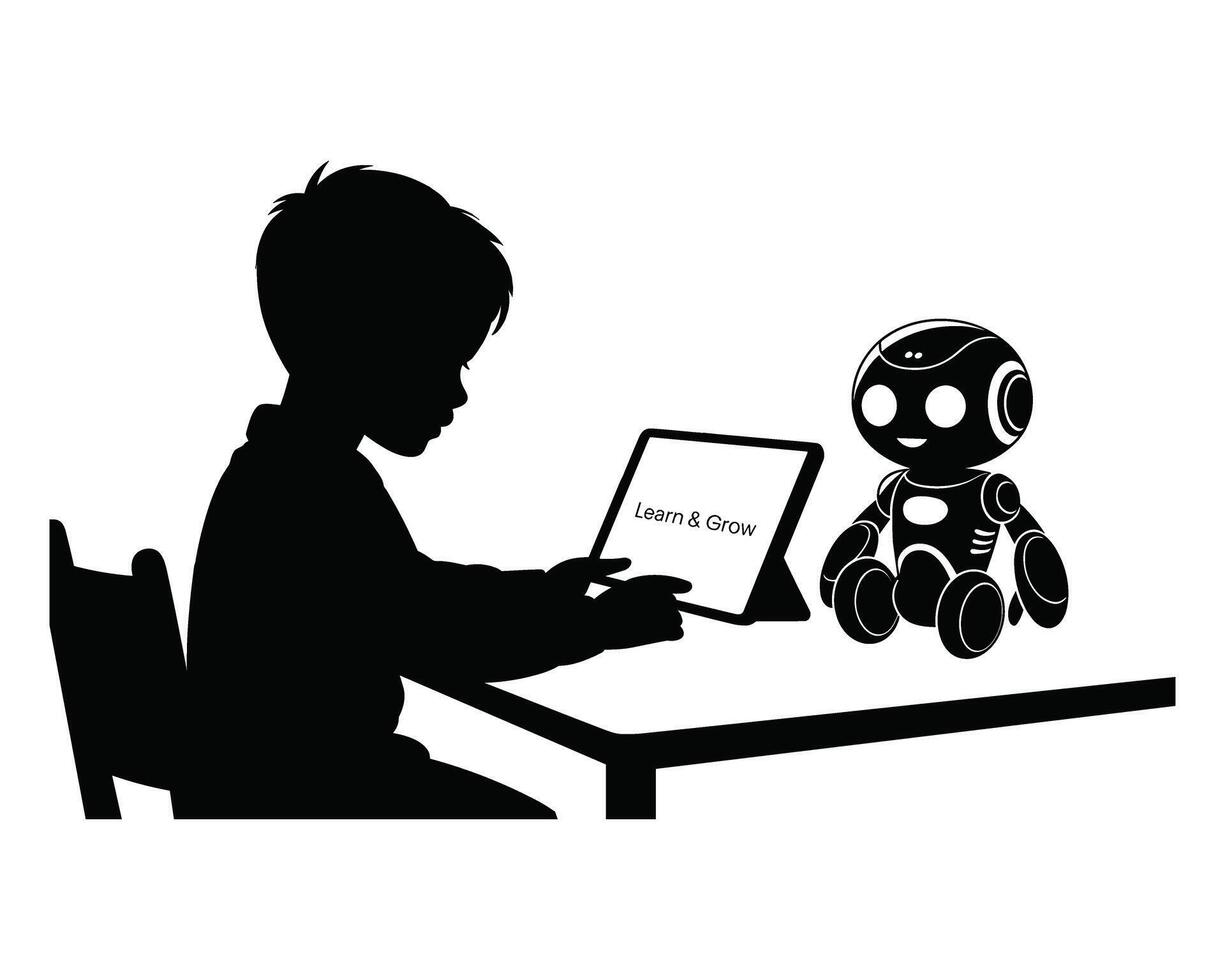 Silhouette of a child interacting with a small robot using a tablet computer vector