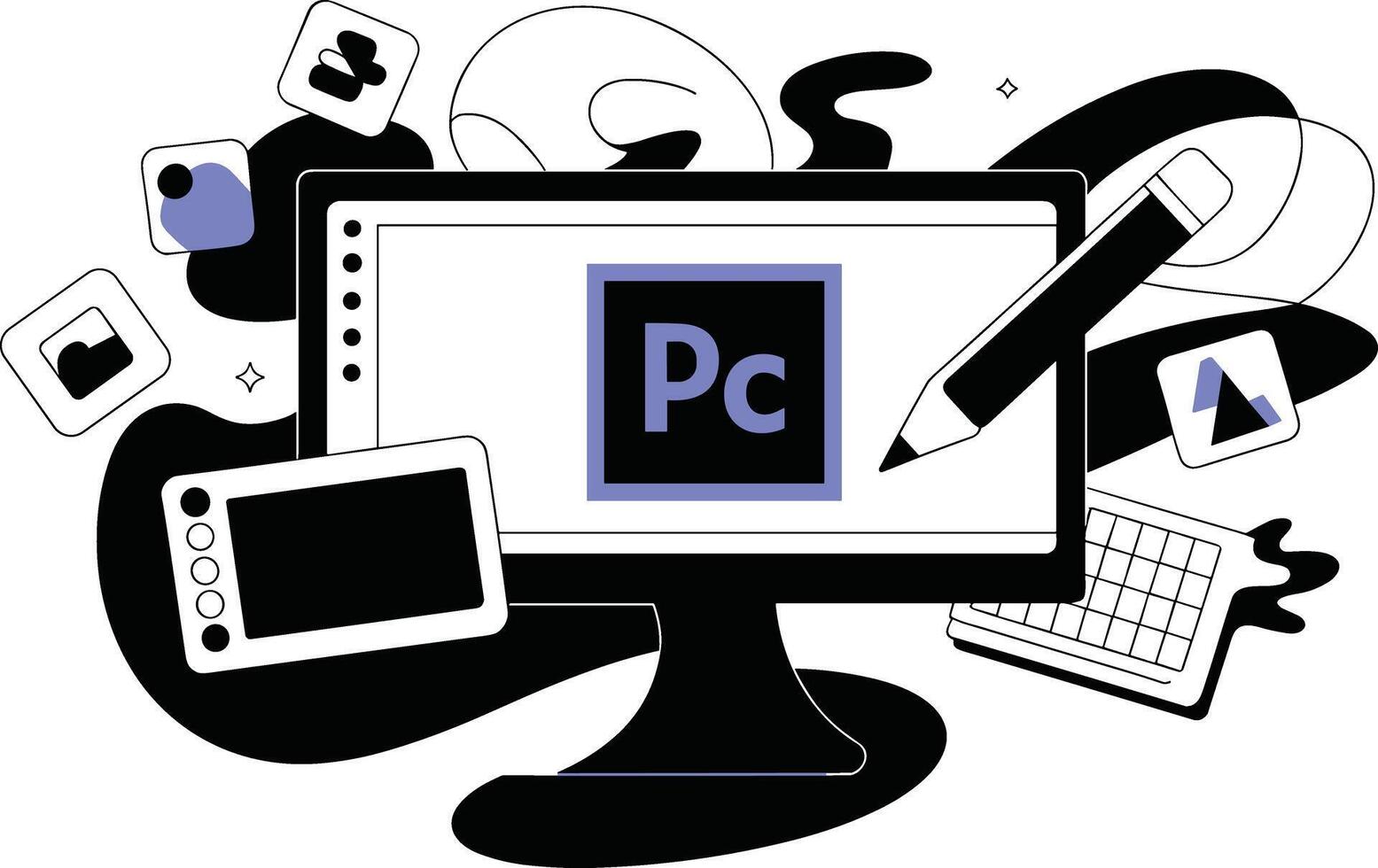 Creative digital workspace with computer monitor drawing tablet keyboard and adobe premiere pro icon vector