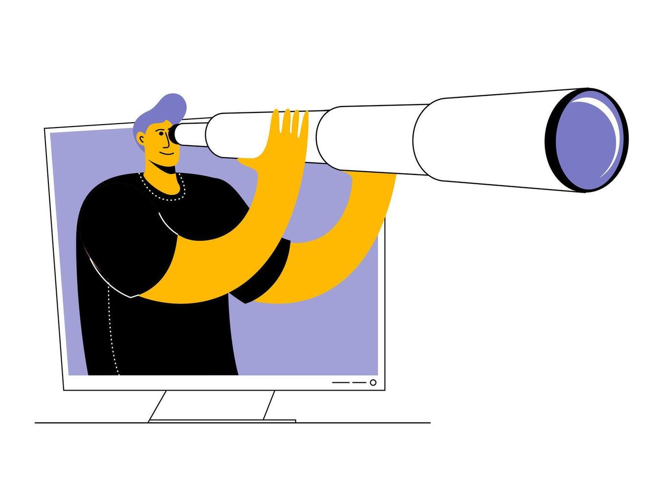 Man in T-shirt looks through telescope from computer monitor. vector