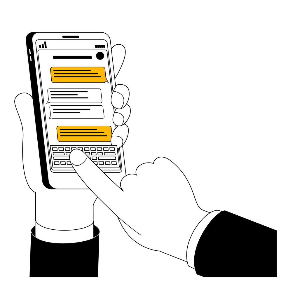 A hand typing a reply into a chat. Chatting with a bot. Artificial intelligence in online support. vector