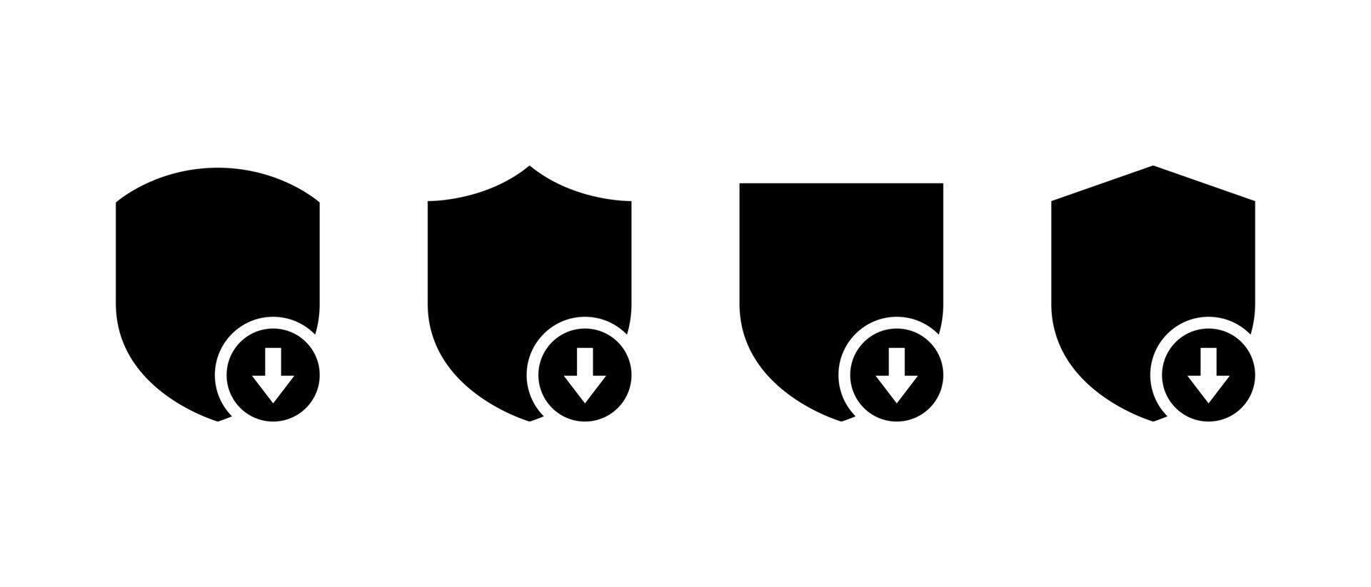 Security outdated and downgrade protection icon set. Shield with downward arrow symbol vector