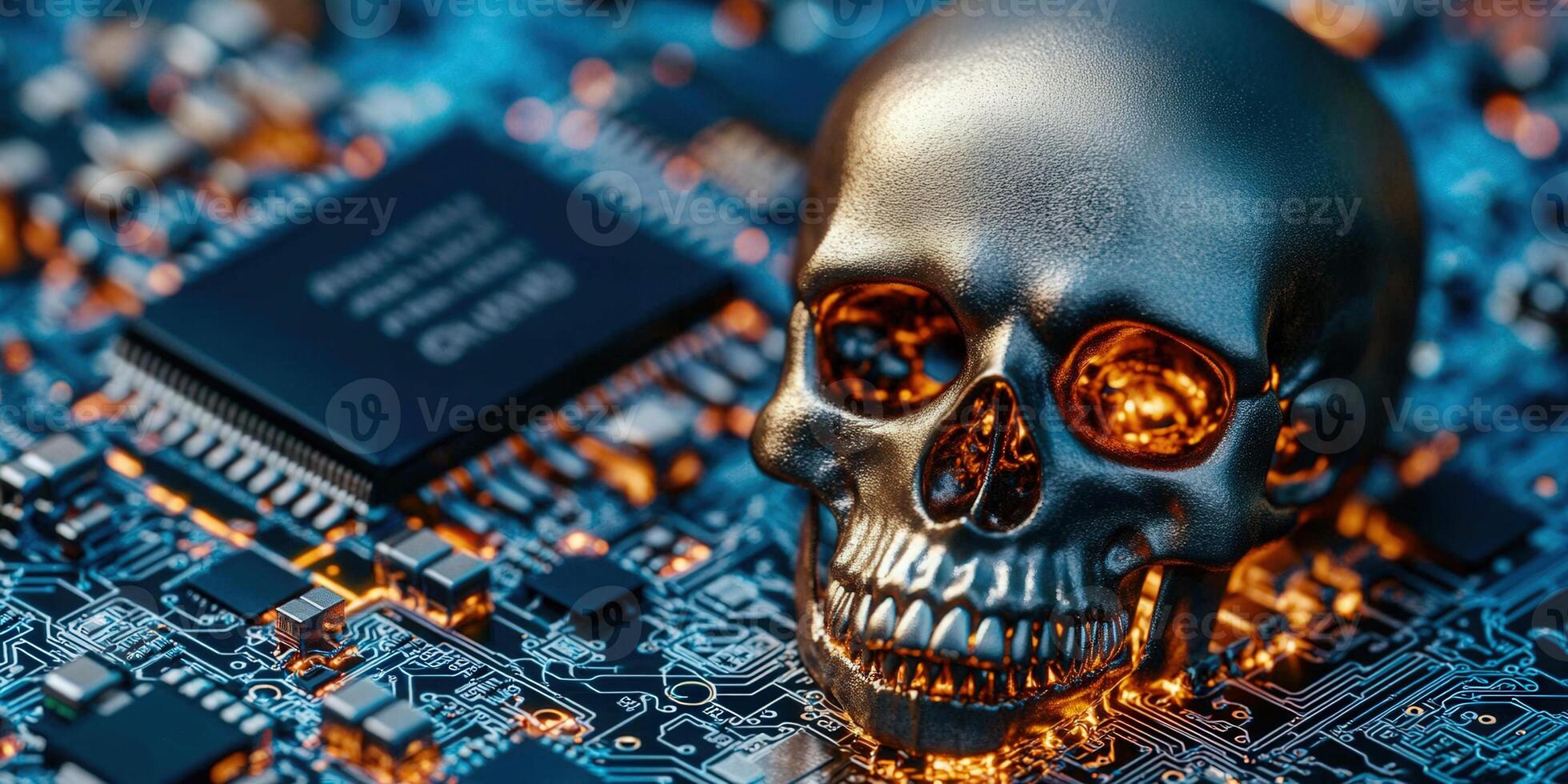 A glowing skull rests on a computer circuit board, a symbol of cyber threats and data breaches. photo