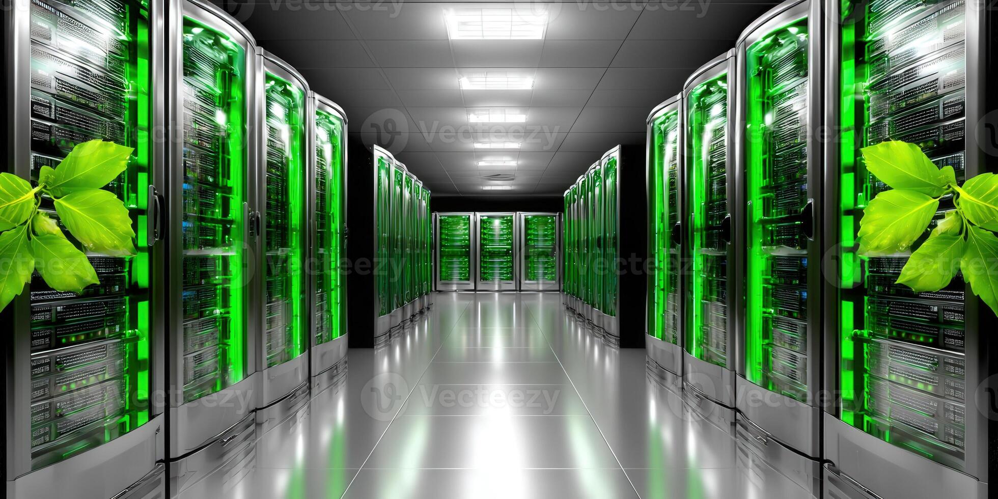 Green data center with servers, representing eco-friendly IT infrastructure and digital technology. photo