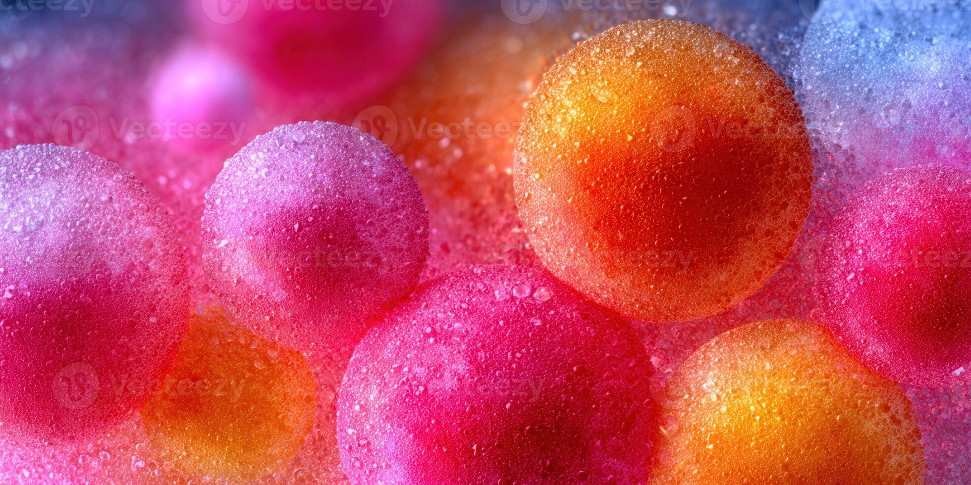 Colorful macro image of frosted spheres with a blend of pinks, oranges, and blues. photo