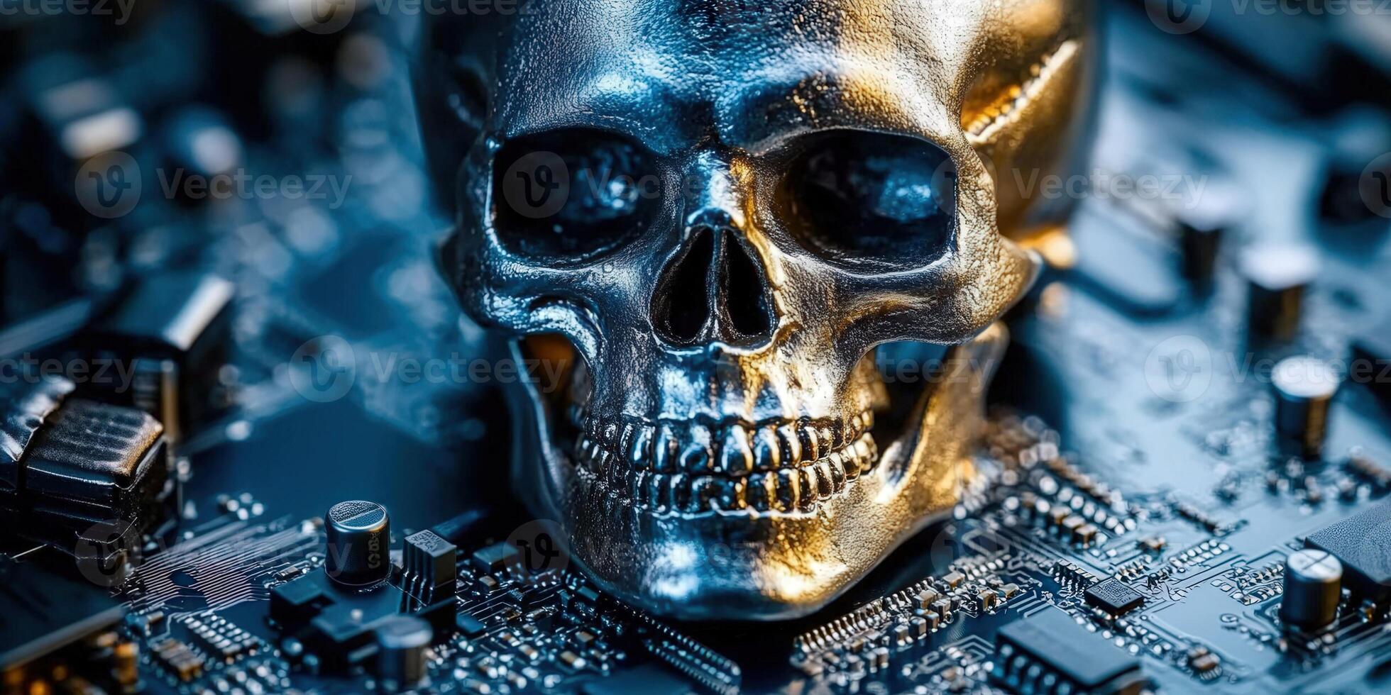 Metallic skull on a circuit board, representing technological cyber security and data. photo