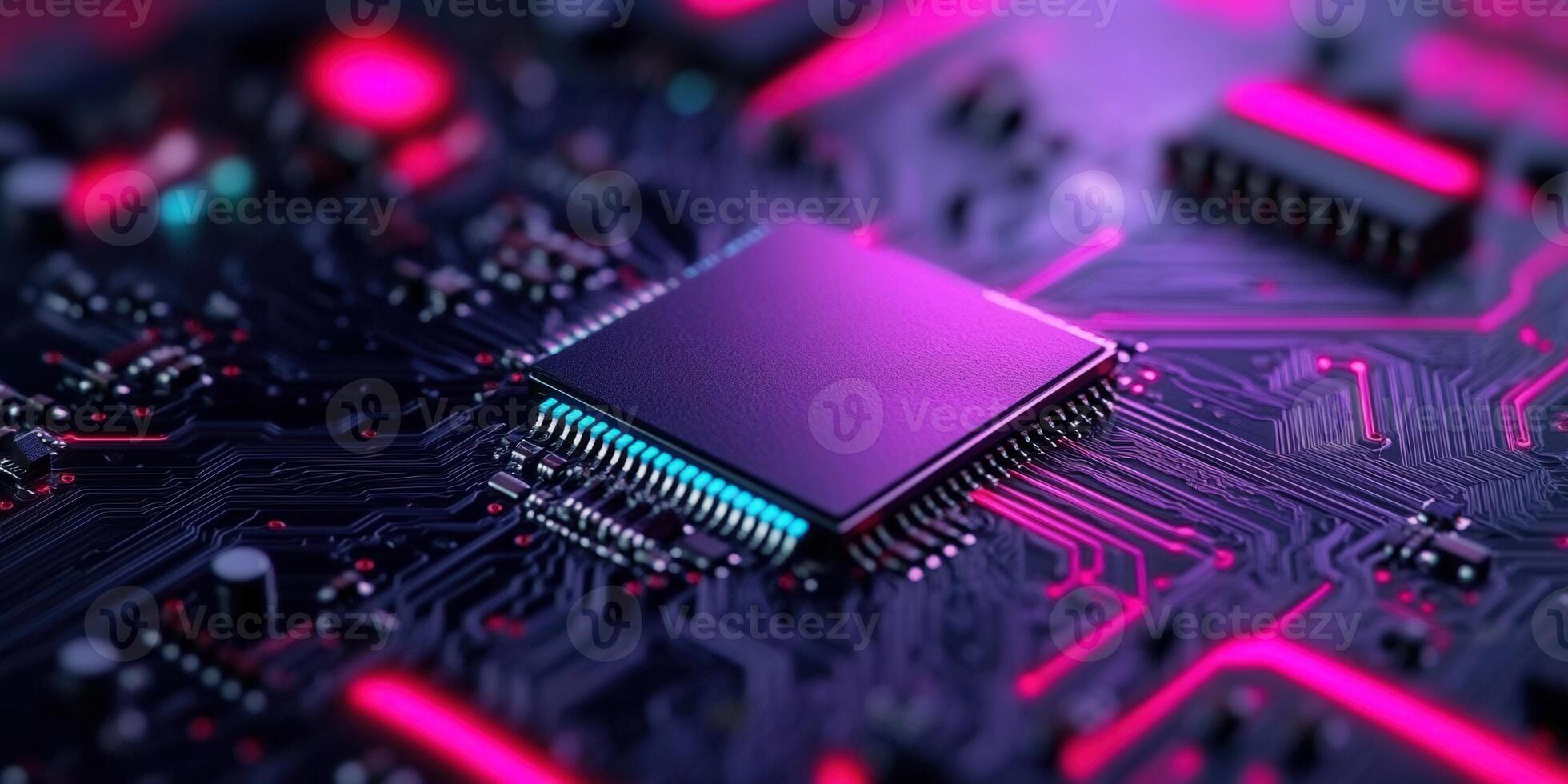 A close-up of a computer processor illuminated with neon purple lights. photo
