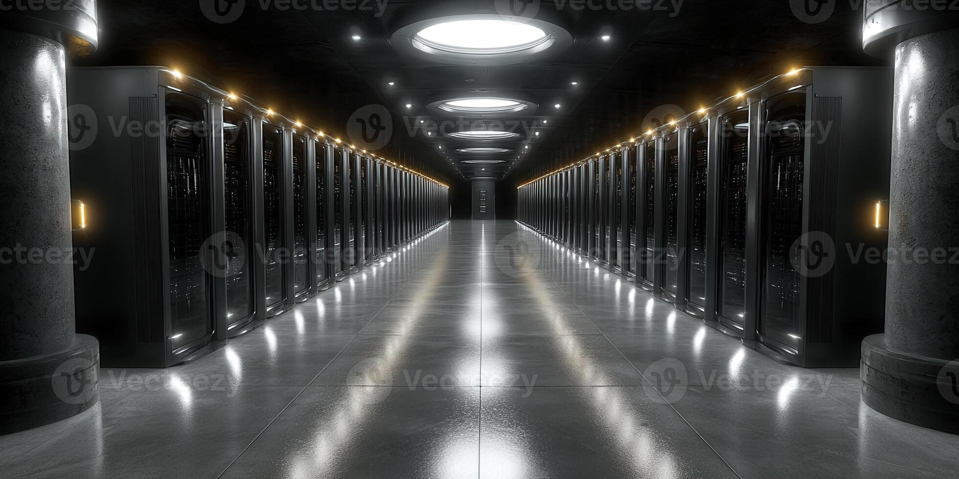 A sleek and modern data center hallway with rows of powerful servers. photo