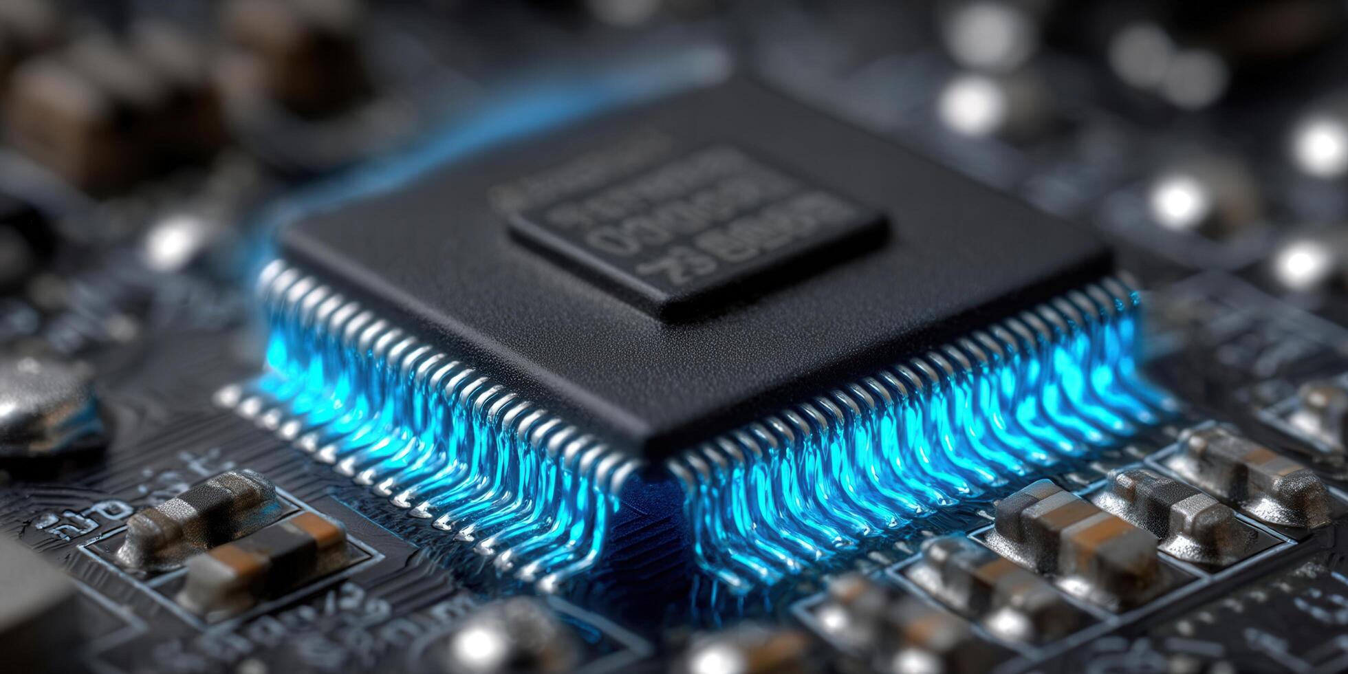 un detallado ver de un computadora chip con un vibrante azul resplandor en un circuito tablero. foto