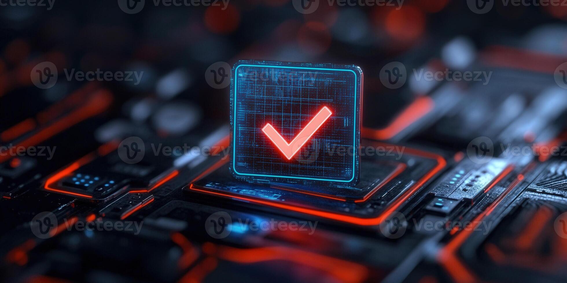 A futuristic circuit board with a glowing checkmark, indicating verification and validation. photo