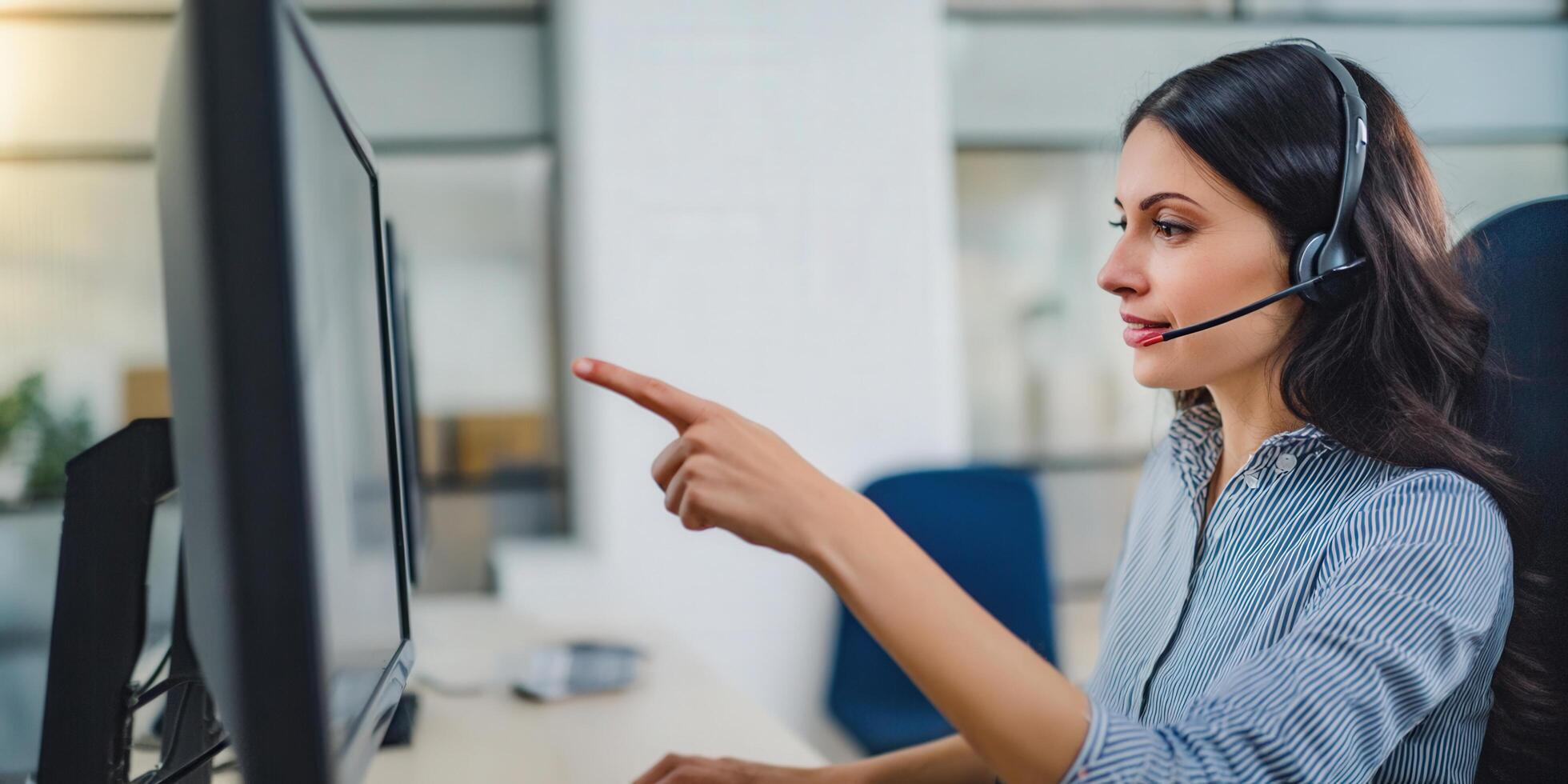 A customer service representative assisting a client using a computer. photo