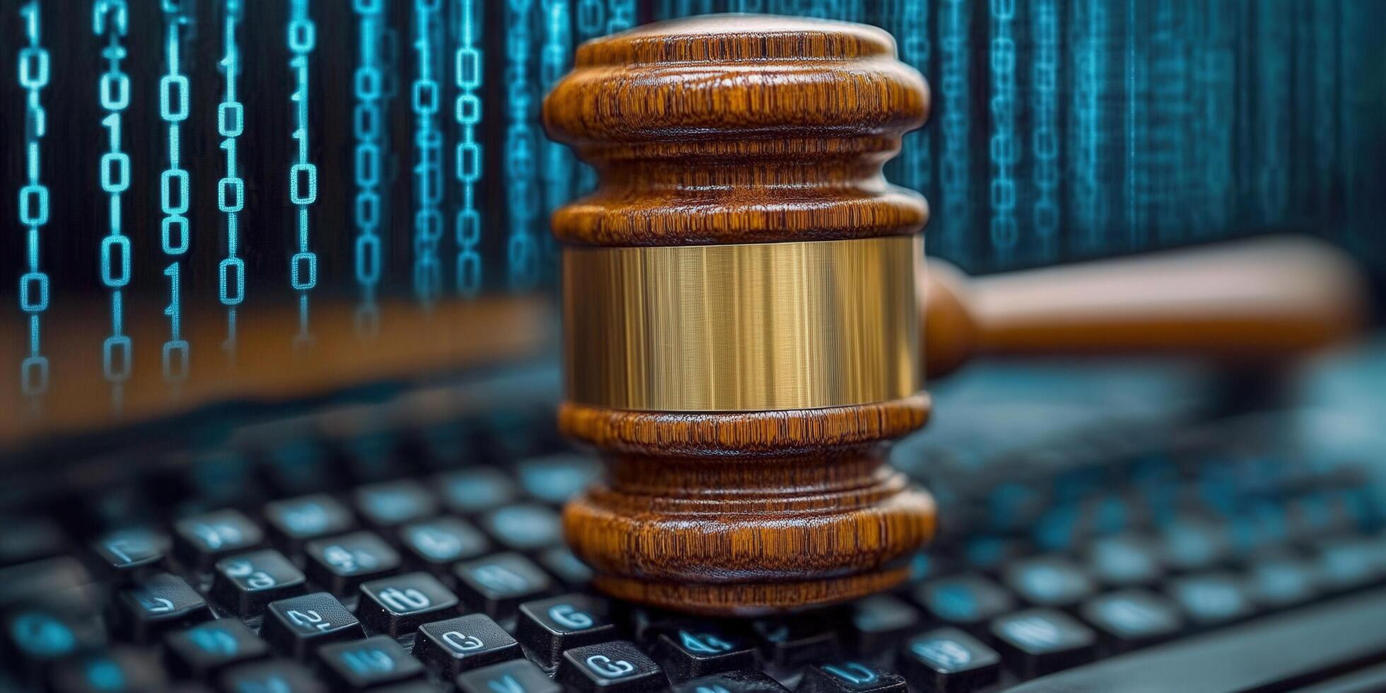 Gavel resting on a keyboard with binary code in the background. photo