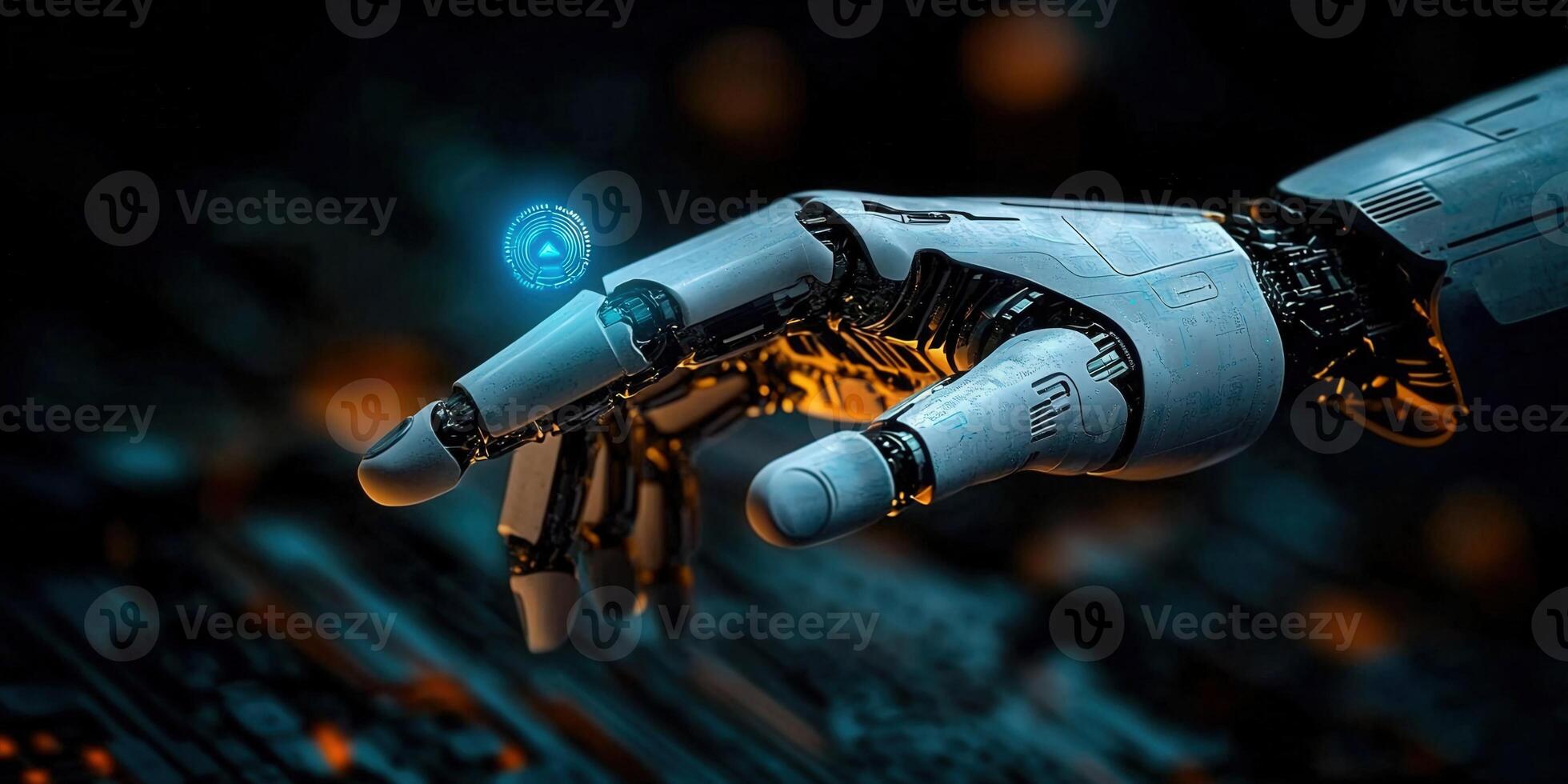 A robotic hand interacts with a glowing orb, highlighting the concept of AI and technology. photo