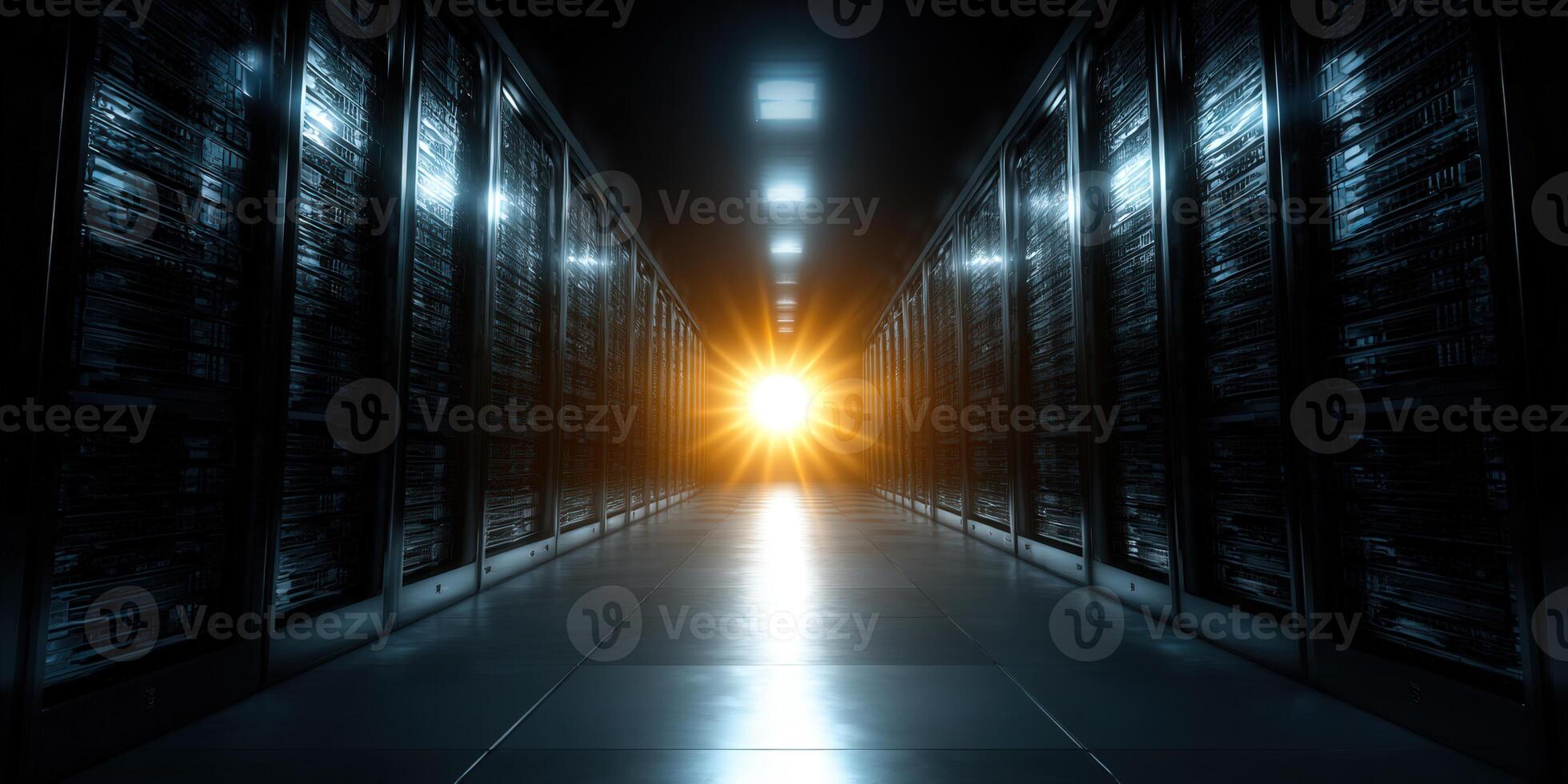 Inside a data center hallway with rows of servers and bright light. photo