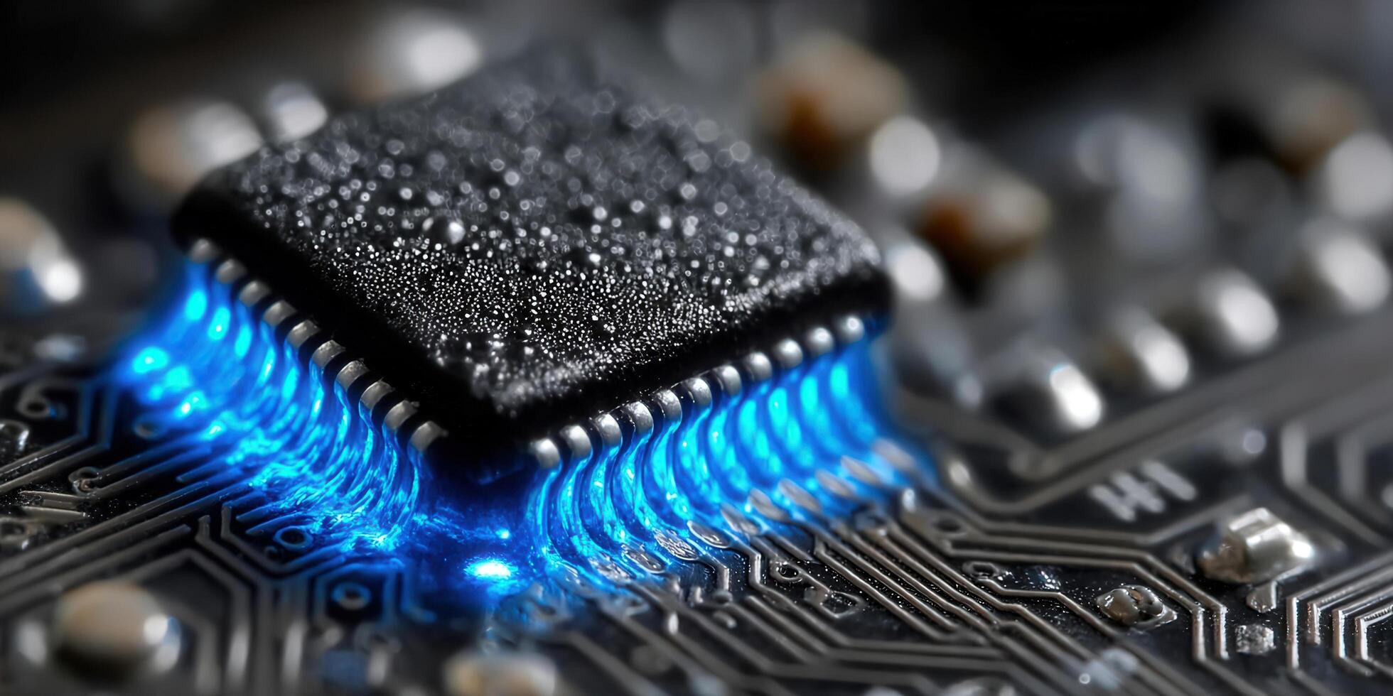 Intricate close-up of a glowing blue processor on a circuit board, perfect for tech-related designs. photo
