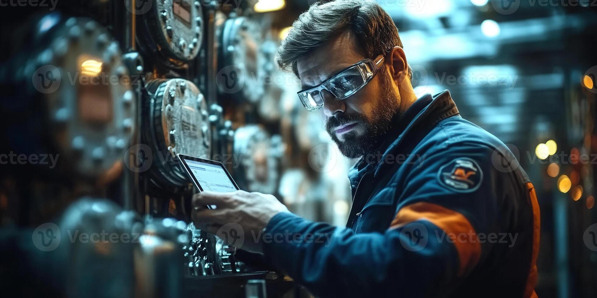 A focused engineer inspects equipment with a tablet in an industrial setting, ensuring optimal performance. photo