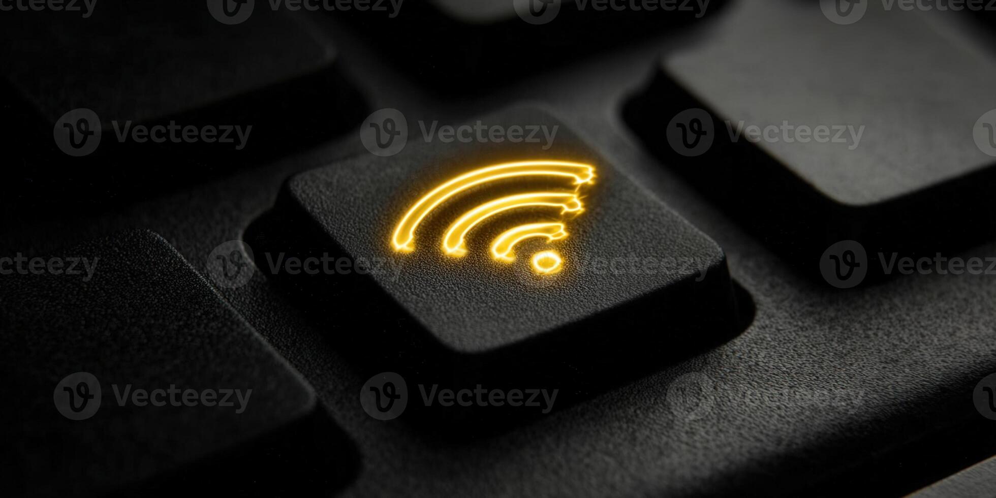 Illuminated wifi symbol on a dark keyboard button, representing wireless internet. photo