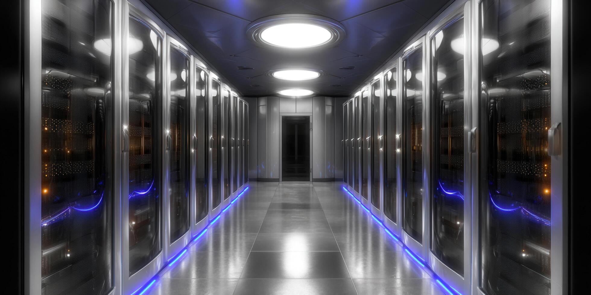 Inside a modern server room, showcasing rows of powerful computer servers. photo